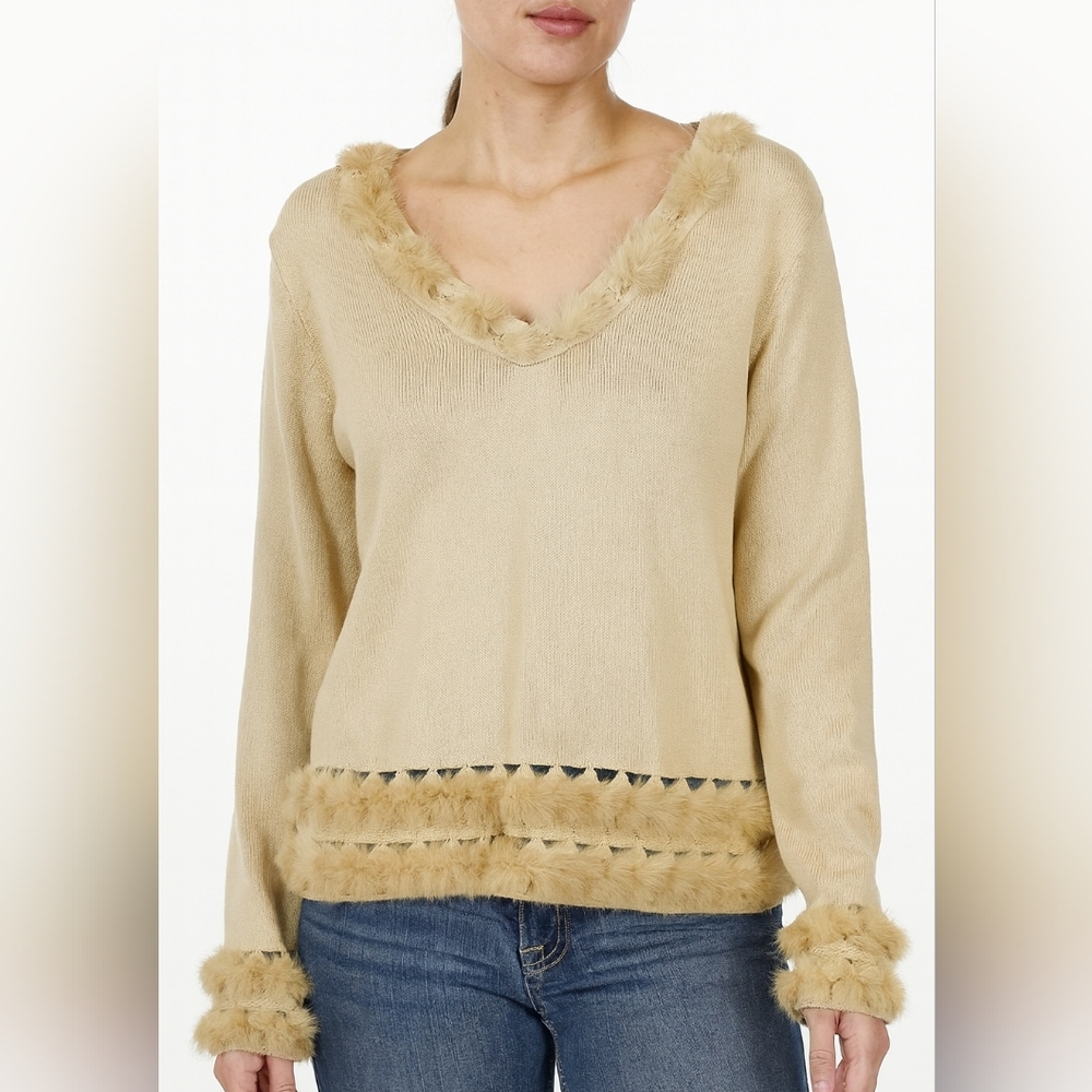 Michelle Nicole Womens Taupe Faux Fur Sleeve/Collar Detail Sweater XL